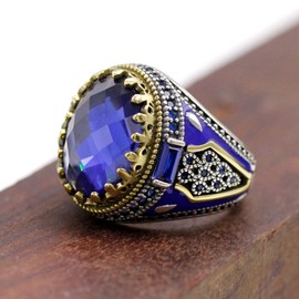 OHMMHO Anillo de joyería turca para hombre con piedra de vidrio azul de ley 925 clásico con corona de rey y circonita cúbica, regalo para mujer y hombre, Metal precioso., Ágata