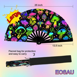 EOSAU UV Glow Large Rave Fan Folding Hand Fans for Line Dancing Portable Handheld Clack Fan for Festival EDM Party Music Outfit Accessories (Mushrooms)
