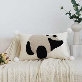 LIGICKY Panda Throw Pillow Cover White Velvet Cushion Cover Neutral Accent Tufted Animal Print Pillowcase Solid Decorative Soft Rectangle Cushion Case for Sofa Bedroom Party Décor, 12 x 20inch