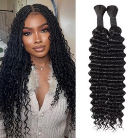 Boho Braids Human Hair for Bohemian Knotless Braids Braiding Hair Wet and Wavy Deep Wave Bulk No Weft 2 Bundles 100g 16 Inch Natural Black