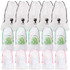 【15-Piece Set】 Drawstring Bags, Vinyl Waterproof Onsen Bag 【Set of 3 Sizes S/M/L】 Small Portion Vinyl Bags, Changing Bag, Shoe Bag, Travel Pouch, Travel, Organizer 【SunSlow】 (Rabbit, Dinosaur, Cat)
