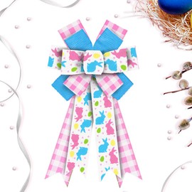 Easter Wreath Bows Easter Decor Bows Pink Blue Rabbits Plaid Burlap Bows for Wreath, Easter Day Bunny Ribbon Bows Easter Tree Topper Bows for Indoor Outdoor Decoration Wreath Ornament Supplies