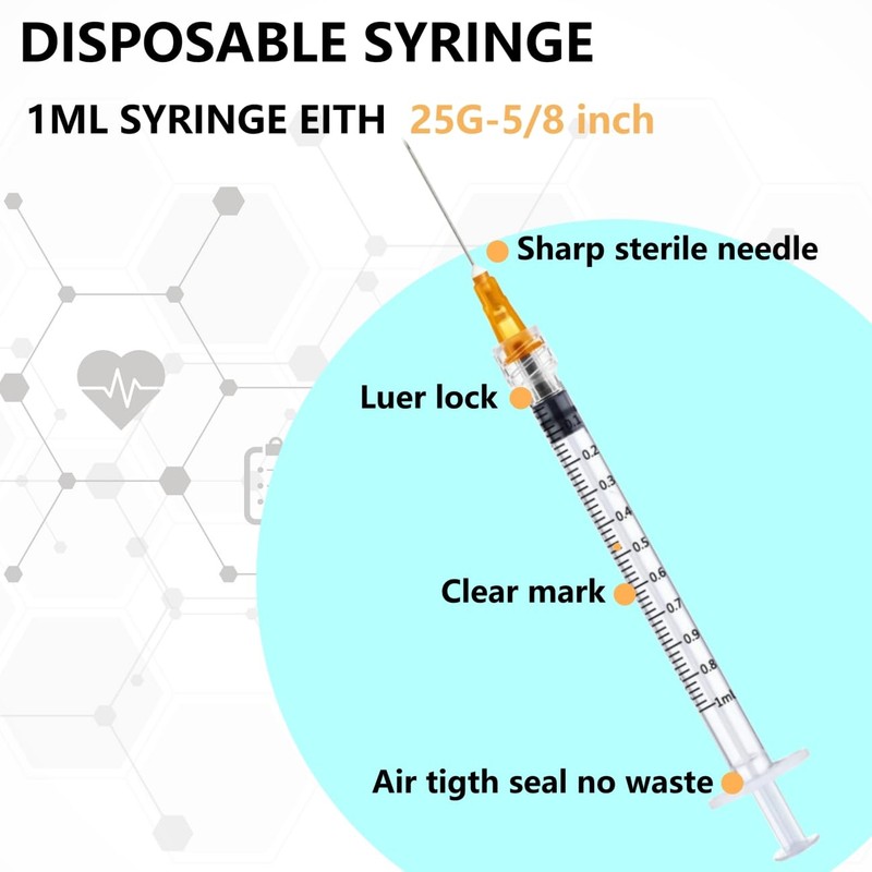 1ml Syringes with Needles 25G 5/8 inch, Lab Sample Injection