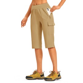 TBMPOY Womens 15" Hiking Shorts Long Cargo Capri Elastic Waist Water Resistant Stretch Athletic with Pockets Light Khaki XL