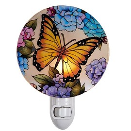 VOUWOWOX Stained Glass Style Night Light Butterfly Flowers Hydrangea Bedroom Hallway Aisle Bathroom Decorative Nature Theme NLA-C001