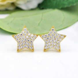 Hiqmic 925 Sterling Silver Fashion Star Rhinestone Earrings Ear Stud Piercing White Gold Plated Jewelry Gift, WK90039-Gold