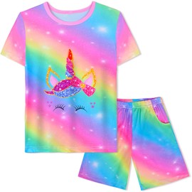 Nidoul Girls Pajamas Tie Dye Mermaid Unicorn Summer Pjs Short Sleeve 2 Piece Sleepwear Toddler Girls Kids Nightwear 7-8