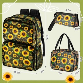 Silkfly 3 Mesh Backpack Set Semi-Transparent School Bag Heavy Duty Backpack with Pocket with Lunch Box Pencil Case for School(Classic Sunflower Style)