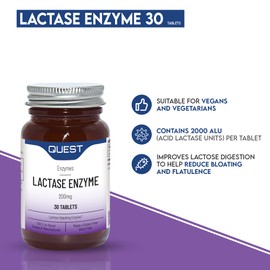Quest Lactase Enzyme 200mg for Lactose Intolerance Relief. 2000 ALU Fast Relief Dairy Enzymes Digestive Supplement to Prevent Gas, Bloating & Diarrhoea. Dairy Free, Gluten Free & Vegan (30 Tablets)