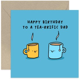 Old English Co. Fun Dad Birthday Card for Him - Fun Tea Pun 'Tea-rrific' Birthday Card for Dad - Birthday Gifts for Men - Hilarious Colourful Birthday Card for Him | Blank Inside