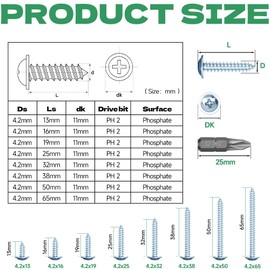 Jyvex 120pcs Pan Head Self-Tapping Screws, 4.2 x 32mm Flat & Wafer Head Carbon Steel Zinc Plated Wood Screws for Wood, Plastic, Sheet Metal, Plasterboard & Aluminium (with PH2 Bit)