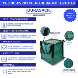DURASACK Heavy Duty Storage Tote Bag with Zipper Top 22-Gallon Rugged Woven Polypropylene Moving Bag, Reusable Self-Standing Design, Holds up to 500 Pounds, Pack of 4, Green