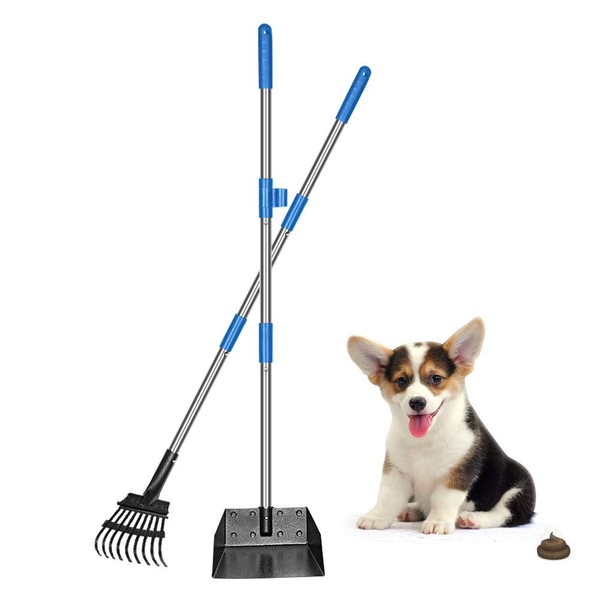 QiMH Upgraded Dog Pooper Scooper Extra Large, Adjustable Long Handle Stainless Metal Pet Poop Tray and Rake Set for Large Medium Small Dogs, Dog Waste Removal Bin Rake, Great for Grass, Street, Gravel