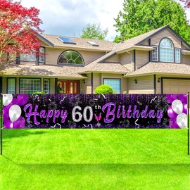 Purple 60th Birthday Decorations for Women, Black Purple Silver Happy 60th Birthday Yard Banner Purple 60th Birthday Yard Sign for 60th Birthday Anniversary Party Supplies Indoor Outdoor Decor