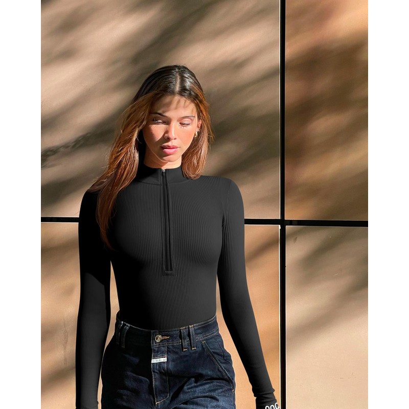 OQQ Women's 2 Piece Bodysuits Sexy Ribbed One-Piece Zip Front