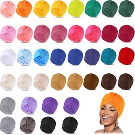 40 Pcs Turbans Pleated Head Scarf for Women Pre Tied Twisted Head Wraps for Women Multicolored Hair Wraps Beanie Hat Head Cover for Women Girl