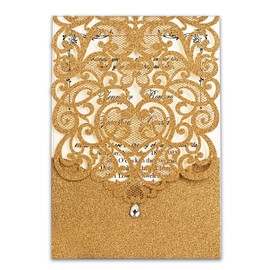 Jofanza 20PCS 5 x 7.3 Inch Gold Wedding Invitations Cards with Rhinestone Glitter Laser Cut Hollow Heart Invitation Pocket for Engagement Quinceanera Invites (Gold Glitter)