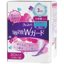 Whisper 2-in-1 W Guard, 0.1 fl oz (3 cc), 5.9 inches (15 cm), 80 Sheets, Large Capacity (Panty Liner, Water Absorption Care, Urine Leak Pads), Storage & Moisture Care
