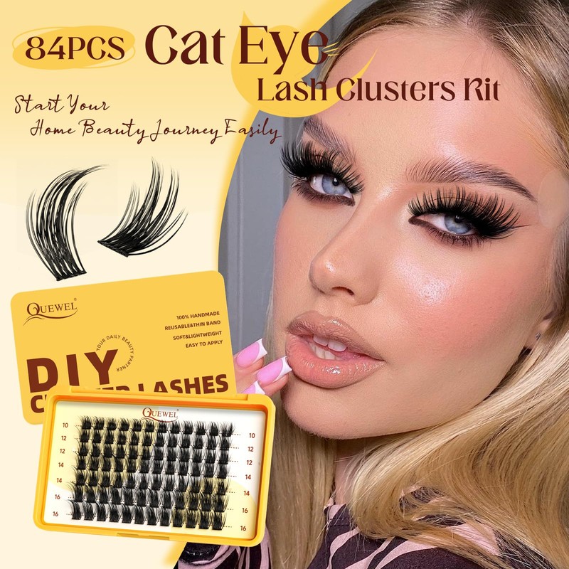 QUEWEL 84 Pieces Lash Clusters Kit 10-16 mm Cat Eye