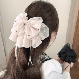 Rannyrena Large Chiffon Silk Hair Bow for Women Mesh Big Bows Hair Clips with Pearls Crystal Tulle Hair Barrettes Long Tail Bowknot Hair Accessories (Crystal White)