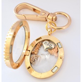 DAD Memorial Locket Key Chain/Keyring/Handbag Charm. Real White Feather, Angel Wing, Rose Flower Floating Charms. Gold Oval