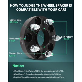 SCITOO 1 inch Wheel Spacers 5x4.5 Bore With 64.1mm 12x1.5 Studs Adapters for CR-V for Accord for Acura MDX | 2Pcs