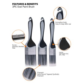 ROLLINGDOG Oval Cutting Brush Set, 1.5", 2", 2.5" for Window Frames, Trim, Corner, Skirting, Gloss Edging, Painting, Decorating, 3 Piece Set