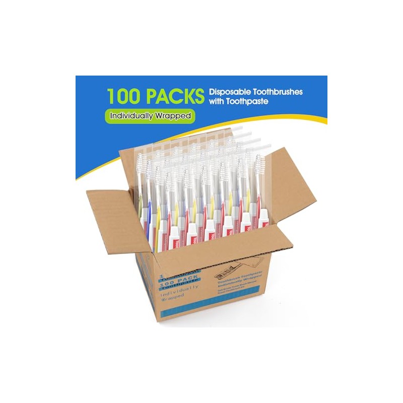 Homvle- 100 Paquetes de Cepillos de Dientes Desechables con Pasta