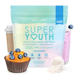 SkinnyFit - Super Youth, Unflavored (30 Servings) - Multi Collagen Peptides Powder - Probiotics, Fiber, Hyaluronic Acid - Collagen for Women - Non GMO, Gluten Free, Sugar Free - Beauty & Self Care