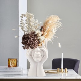 Female Head Vase,Human Body Vase,Small Flower Vase,White Ceramic Vase,Face Vase,Modern Vase for Garden Home Living Room Decor,Table Art Statue Indoor Outdoor (Large, B)