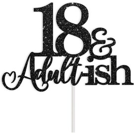 Decoración para tarta de cumpleaños de 18 años, con purpurina negra, decoración de pastel feliz de 18 cumpleaños, decoración de tarta de 18 años y Adultish para decoraciones de cumpleaños de 18 años
