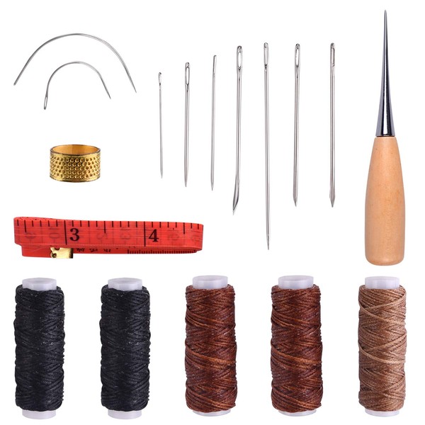 KUUQA 17 Pcs Leather Sewing Kit Hand Stitching Tools with Leather Waxed Thread Needle for DIY Crafts and Sewing Supplies