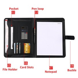Conference Folder - A4 Faux Leather Document Organizer Portfolio with Notepad, Pen Holder, Card Slots & Calculator, Multifunctional Business Padfolio
