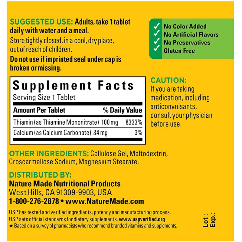 Nature Made Nature Made Vitamin B1 100 mg, Dietary Supplement