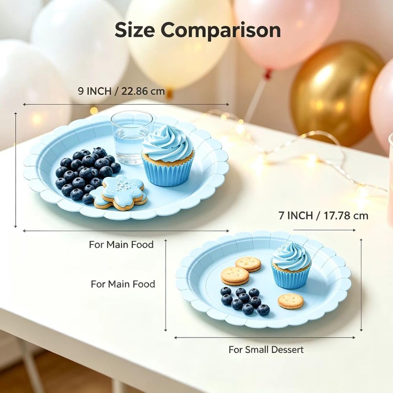 30 Pack Blue Scalloped 9 Inch Paper Plates, Disposable Flower