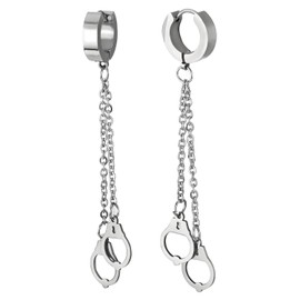Mens Womens Stainless Steel Huggie Hinged Hoop Earrings with Double Long Chains Dangle Handcuffs(CA)