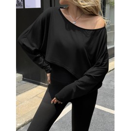 Fisoew Womens Off The Shoulder Cropped Tops Batwing Long Sleeve Loose Fit Summer Boat Neck Workout T Shirts Black
