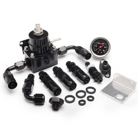 WENJTP EFI Fuel Pressure Regulator Kit with 0-100psi Pressure Gauge AN6-6AN Aluminum Adjustable Universal Fuel Line Hose Fitting Connectors Kit Black HTRACING