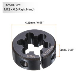sourcing map Round Threading Die M12 x 0.5 Metric Thread 25mm OD Adjustable Right Hand High-Speed Steel (HSS) Round Die Screw Thread Cutting Die for Thread Repair