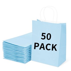 BAG BOX 50 Pack Medium 8.25x4.3x10.6 Inch Blue Kraft Paper Gift Bags with Handles for Bulk Shopping, Retail, Craft, Party Favors, Wedding, Grocery & Sacks