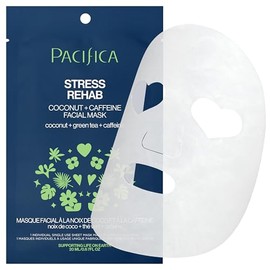 Pacifica Sheet Mask - Stress Rehab Coconut  Caffeine Facial Mask - De-Stress Sheet Mask for Redness  Puffiness Relief, Infused wGreen Tea, Turmeric