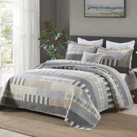 SahSahCasa Quilt Queen Size, Queen Quilt Set, 100% Cotton Queen Quilt Bedding Set Bedspreads, Farmhouse Reversible Patchwork Lightweight Plaid Quilts Bedspread for All Season, Gray/Brown, 3PCs