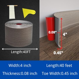 COUKIU Flexible Baseboard Molding Trim, 4 Inch x 40 Feet Self-Adhesive Vinyl Wall Base Cove Base, Peel and Stick Rubber Wall Base Moulding Trim(S100, Gray Wood Grain)