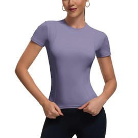 Womens Light-Purple Workout Compression Shirts,Athletic Dry Fit Yoga Gym Pilates Shapewear Tops,Cute Crop Y2K Short Sleeve Clothes