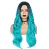 PORSMEER Ombre Black Cyan Long Curly Wig for Women, Natural