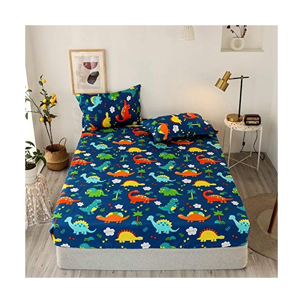 Dinosaur Fitted Sheet Queen Size Kids Bedding Set Cartoon Dinosaur Fitted Sheet for Boys Children Colorful Bedroom Decor Ancient Jungle Animals Bed Cover Tropical Hawaiian Palm Leaf Bed Set Blue