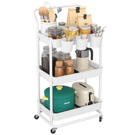 Buzowruil 3-Tier Rolling Utility Cart, Storage Cart with Handle Multi-Purpose and Locking Wheels,with Hanging Basket and Hook for Office, Kitchen, Bathroom,White