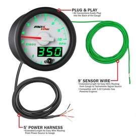 MaxTow Double Vision 10,000 RPM Tachometer Gauge - for 1-10 Cylinder Gas Powered Engines - White Gauge Face - Green LED Illuminated Dial - Analog & Digital Readouts - 2-1/16" 52mm