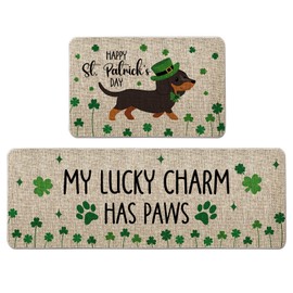 QIONG MENG St. Patrick's Day Kitchen Rug Dachshund Kitchen Mat Set of 2, Dog Decorative Farmhouse Floor Mats for Home Kitchen Dining Room Decorations - 17x27 and 17x47 Inch