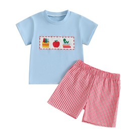 Toddler Baby Boy Outfit Back to School Short Sleeve Plaid Pants First Day of School Two Piece Clothes (Blue, 4-5T)